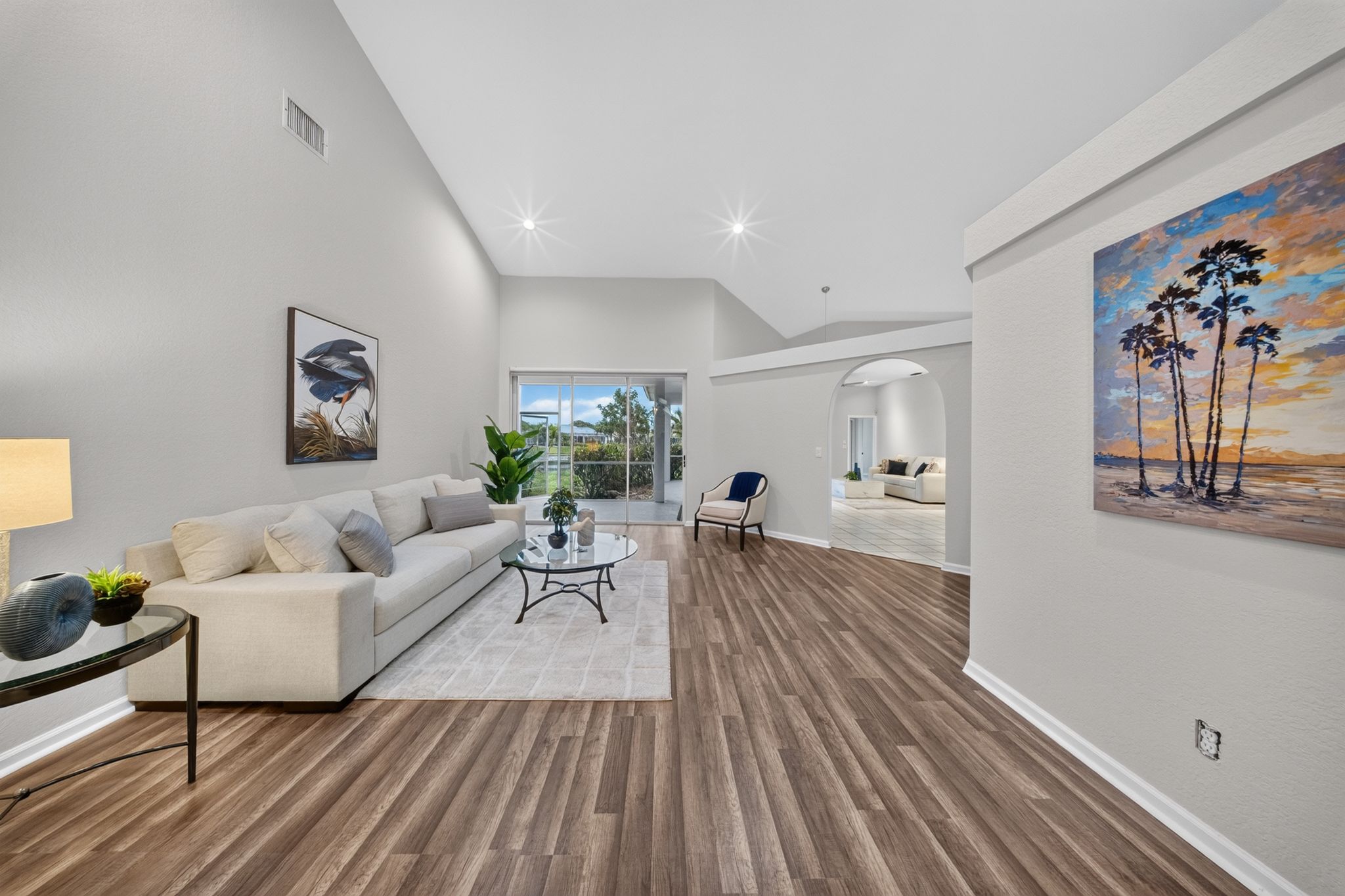 Bright living room with vaulted ceilings